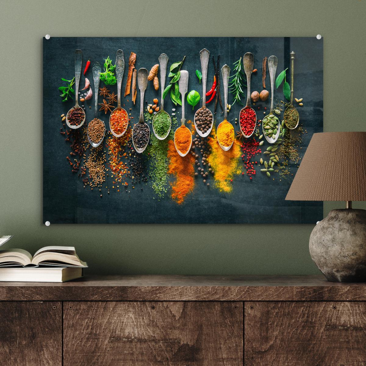 ACRYLGLASBILD Kräuter - Gewürze - Löffel Wanddeko 60x40 cm - Currygelb, Glas (60/40cm) - MuchoWow