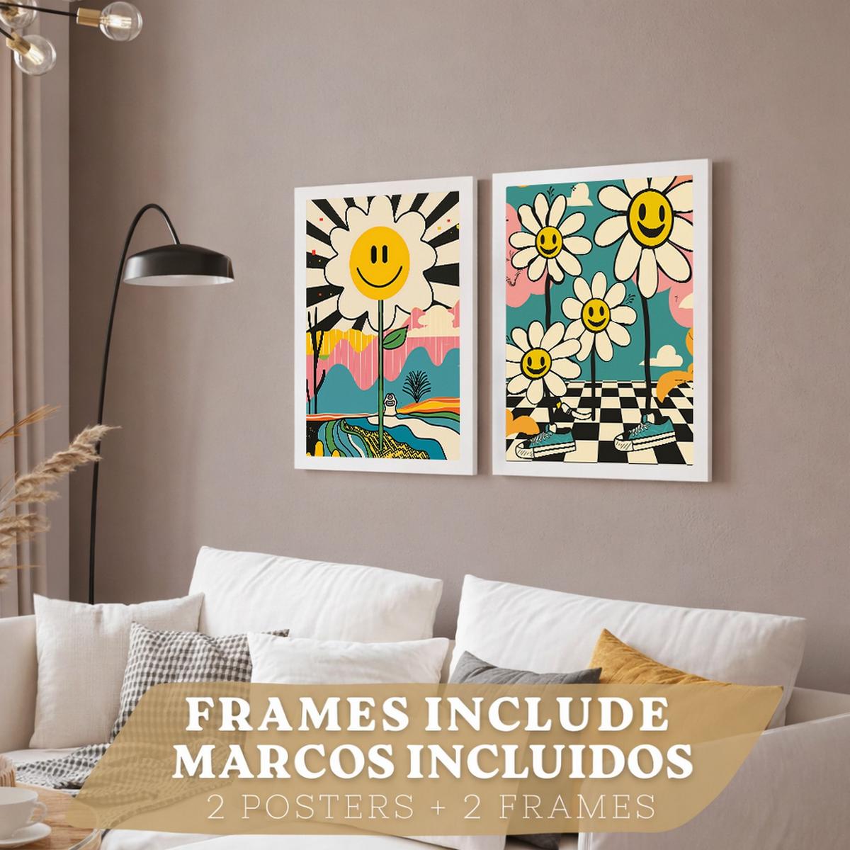 POSTER 4er Kunstdruck-Set Wandbilder Smiley Blume modern Wohnzimmer Deko, Schlafzimmer, Küche, Badezimmer Weißer Rahmen A4 - Weiß, Papier (29.7/1/21cm) - Nacnic