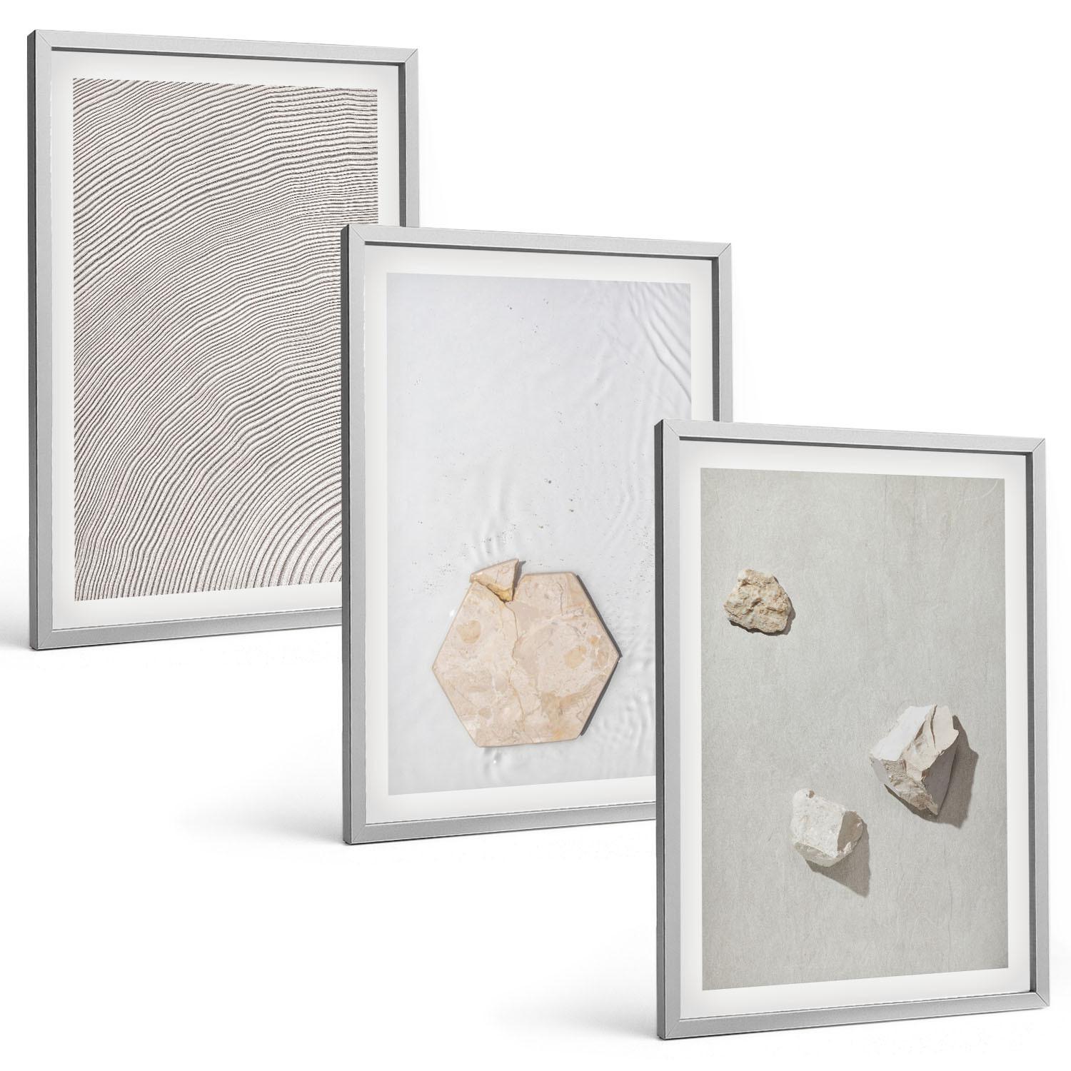 BILDER SET 3er Set - 40x60 cm Silberner Rahmen - Leichte Boho-Sandtexturen - Silberfarben, Kunststoff (40/60cm) - TULUP