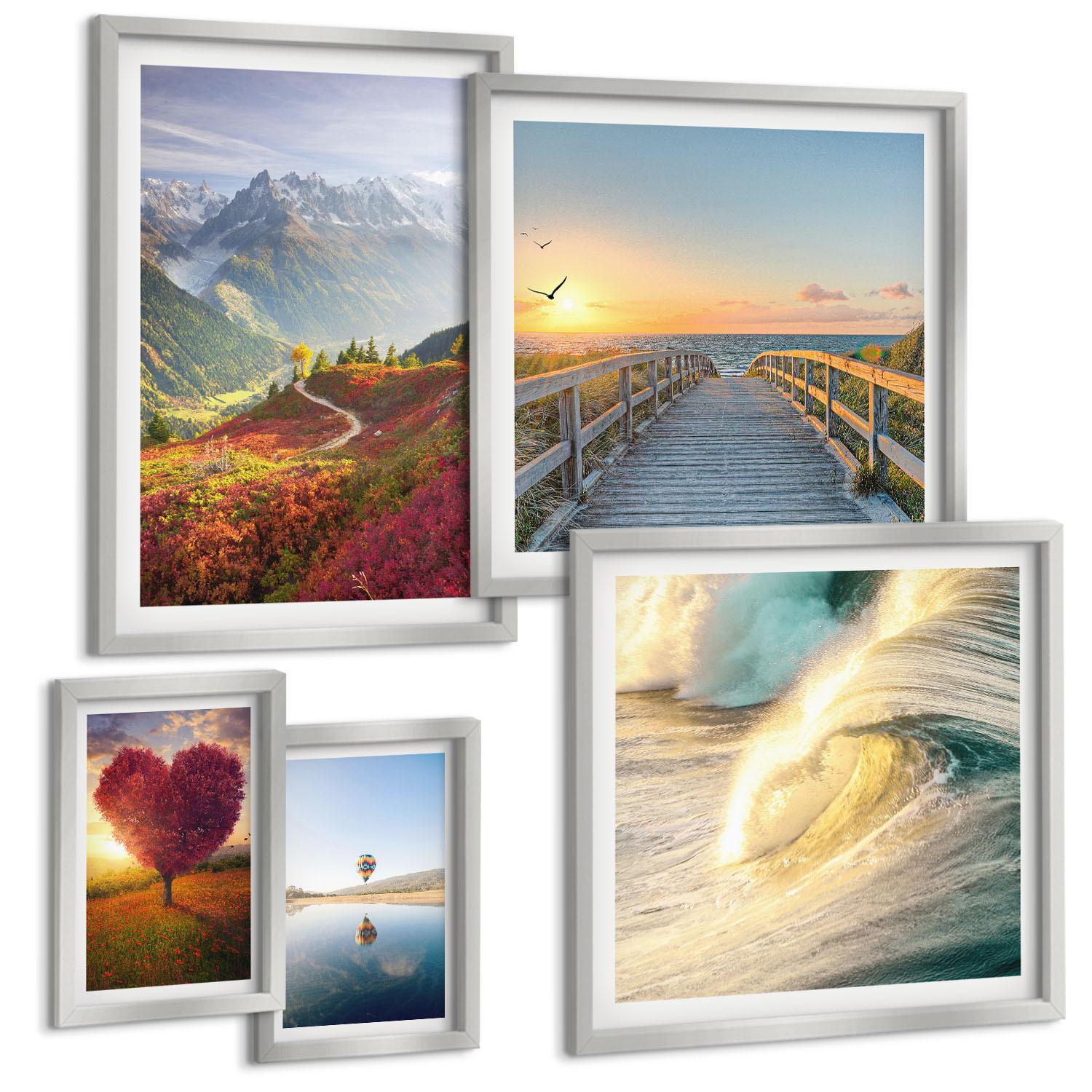 BILDER SET 5er Set - 50x50 cm & 20x30 cm & 40x60 cm Silberner Rahmen - Landschaften Berge Wellen Baum Herz Pier - Silberfarben, Kunststoff (40/60cm) - TULUP