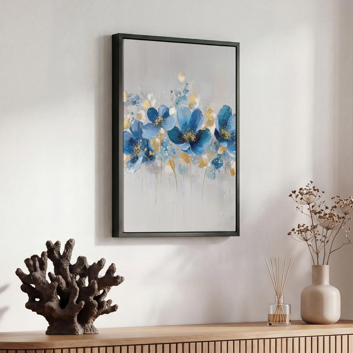 LEINWAND Bilder mit Rahmen - Blumen - Blau - Abstrakt - 30x40 - Hellgrau, Textil (30/40cm) - MuchoWow
