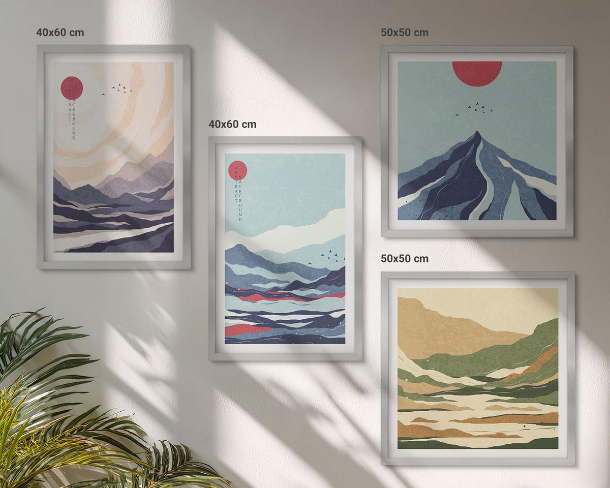 BILDER SET 4er Set - 50x50 cm & 40x60 cm Silberner Rahmen - Abstrakte Berglandschaften - Silberfarben, Kunststoff (50/50cm) - TULUP