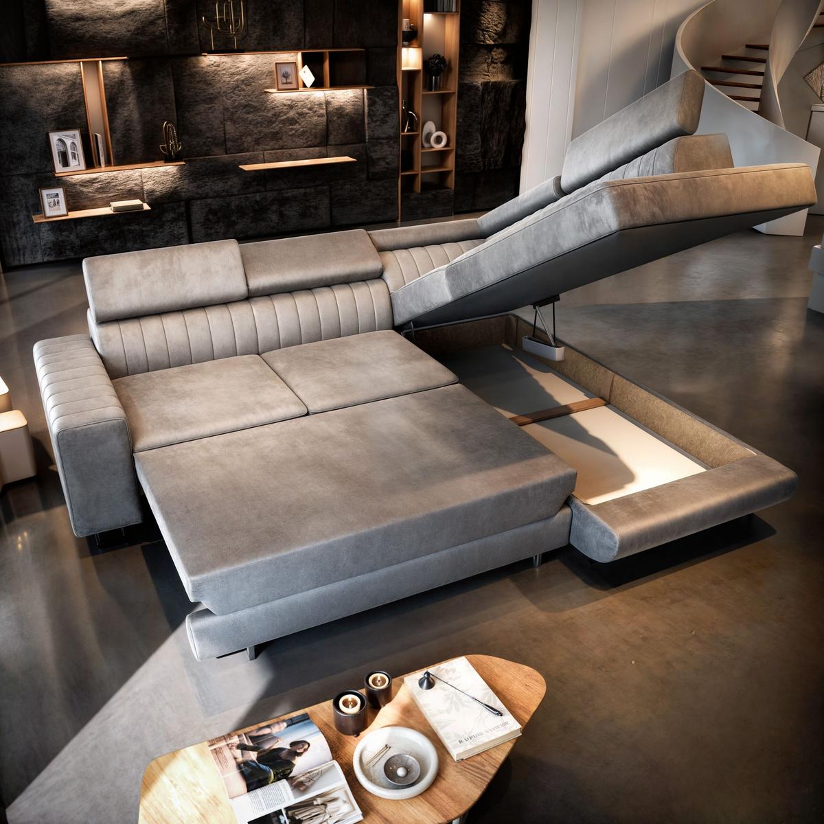 ECKSOFA NOLA R-S Schwarz Velours-Stoff mit Schlaffunktion - Silberfarben/Schwarz, Holz/Textil (253/190cm) - MASSENO