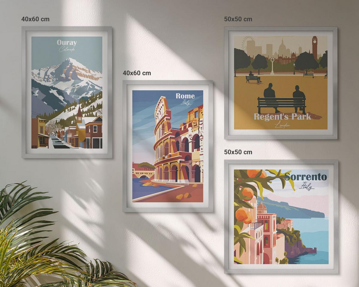BILDER SET 4er Set - 50x50 cm & 40x60 cm Silberner Rahmen - Retro-Illustrationen berühmter Orte - Silberfarben, Kunststoff (50/50cm) - TULUP