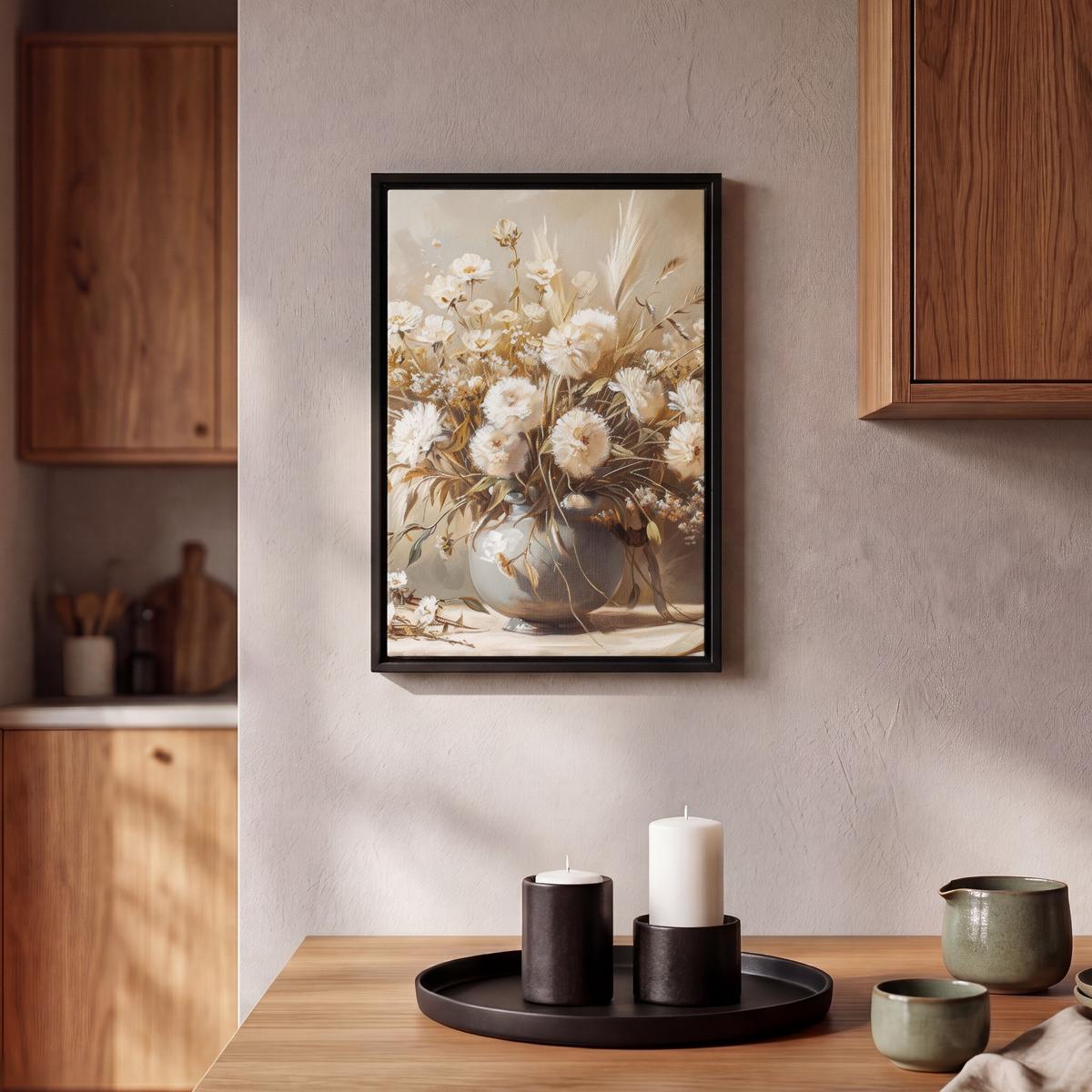 LEINWAND Bilder mit Rahmen - Blumen - Vase - Stilleben - Beige - 20x30 - Creme, Textil (20/30cm) - MuchoWow