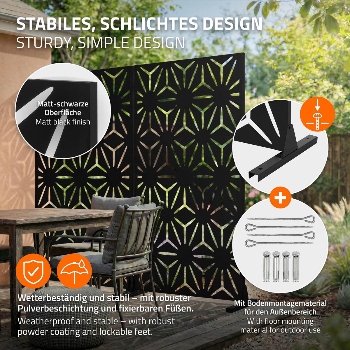 METALL-SICHTSCHUTZ Torino 90x180 cm Schwarz aus Stahl - Schwarz, Metall (90/183cm) - ML-DESIGN