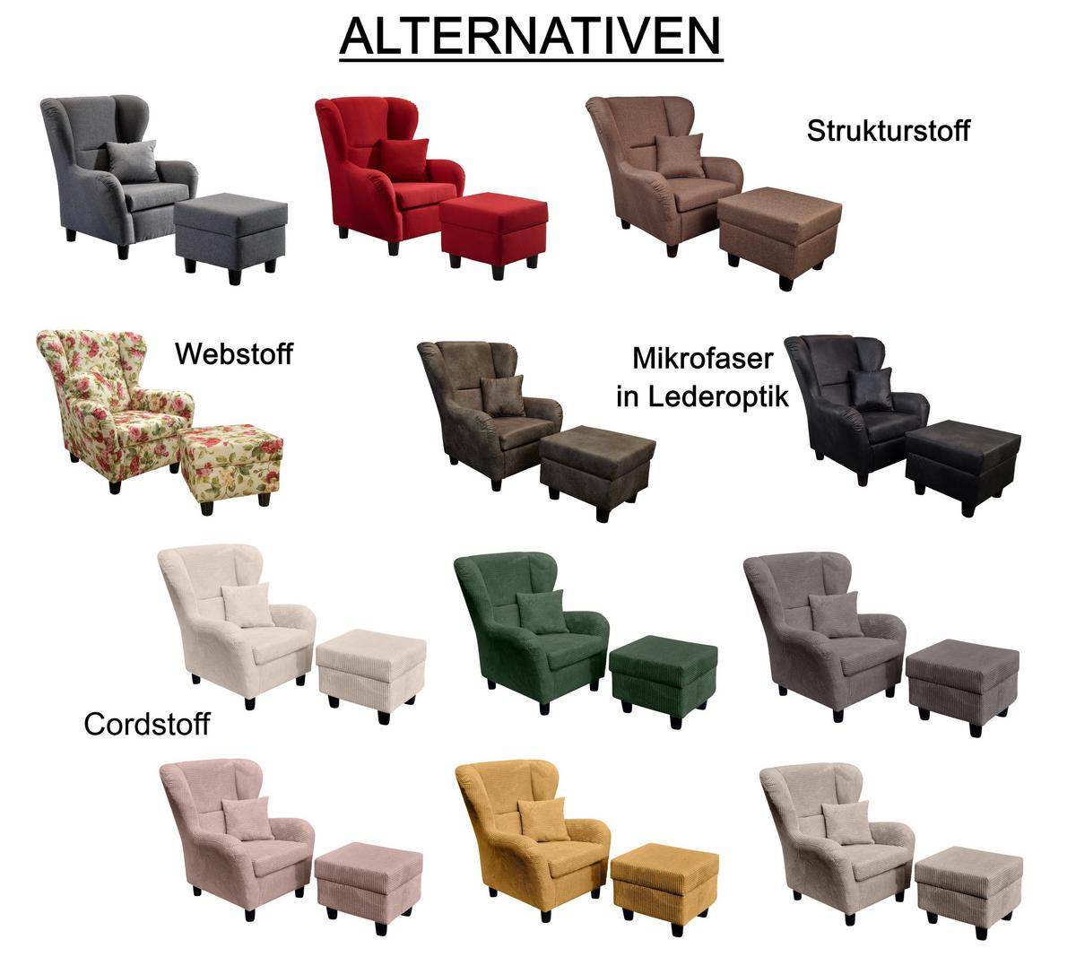 OHRENSESSEL mit HOCKER, hoher Sitzkomfort durch Wellenunterfederung B90/H98/T76 cm, Cord Taupe / 18020 - Schwarz/Braun, Holz/Textil (90/98/76cm) - luma-home