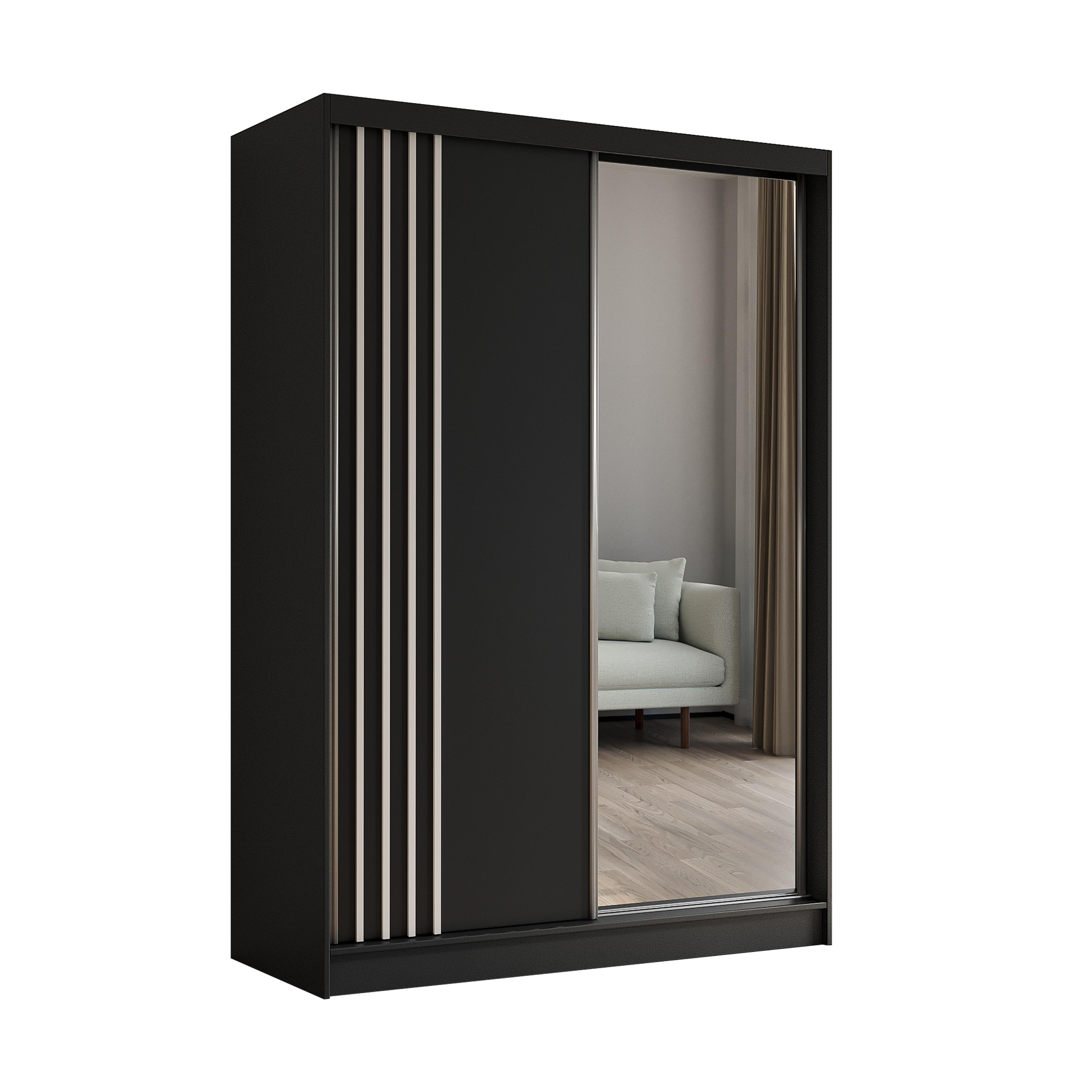 KLEIDERSCHRANK mit Spiegel-Schiebetüren und Aluminium-Leisten - NALLA - 150 cm Schwarz+Schwarz+Weiß - Schwarz/Weiß, Holzwerkstoff (150/216/61cm) - ALTDECOR