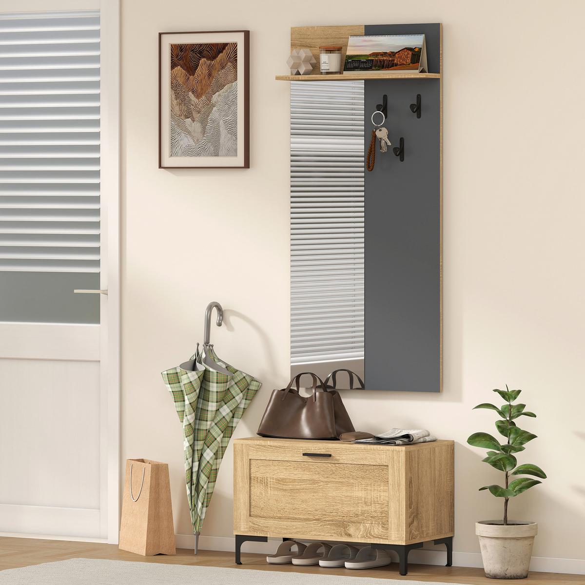 GARDEROBE-SET MDF Spiegel Naturholz - Schwarz/Naturfarben, Holzwerkstoff/Metall (13.5/127.5/60cm) - HOMCOM