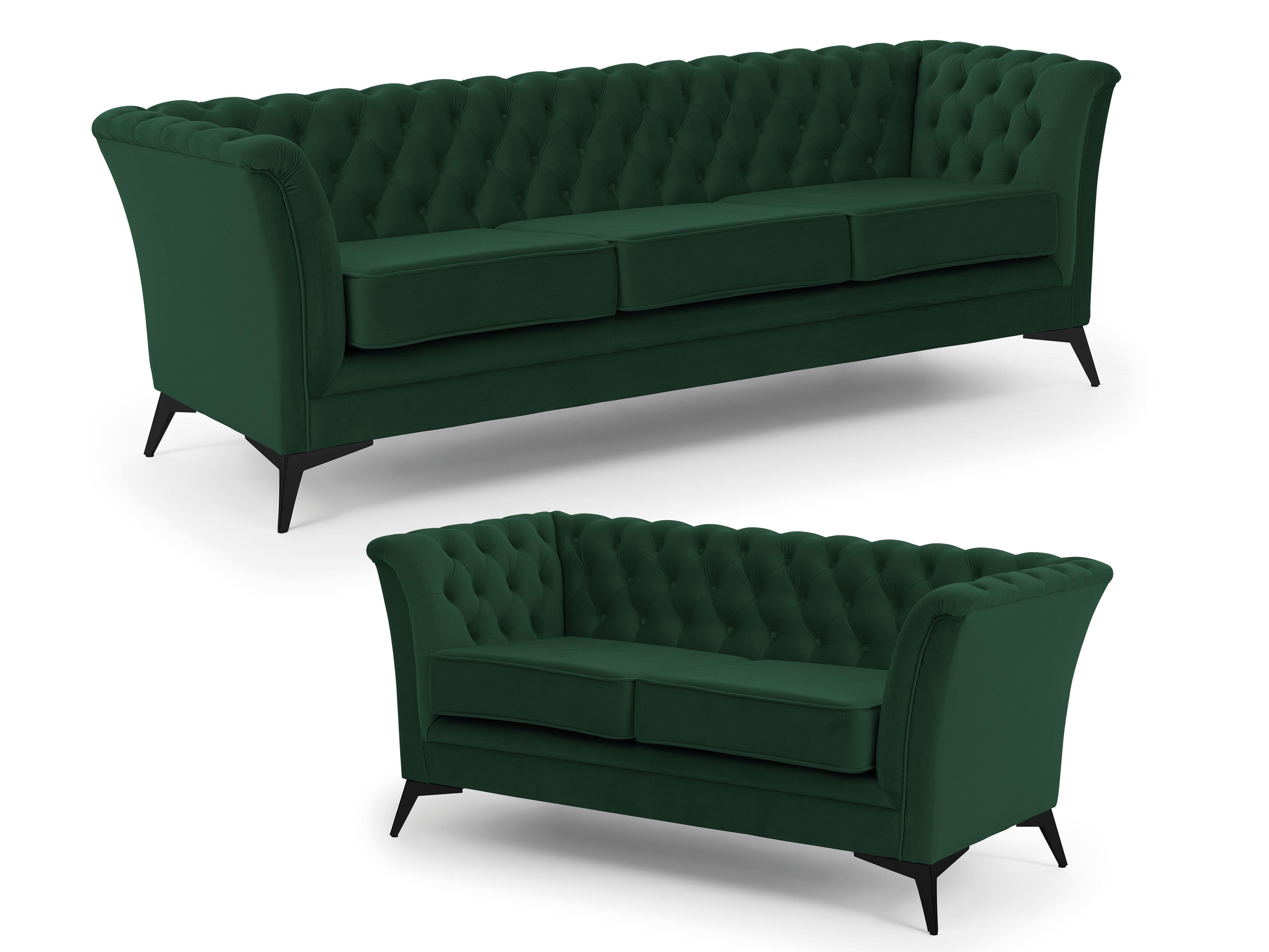 SITZGARNITUR 3+2 Chesterfield Whitby Flasche Grün Samt mit schwarzen Füßen - Dunkelgrün/Schwarz, Holz/Textil (237/78/82cm) - S-Style Möbel