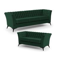 SITZGARNITUR 3+2 Chesterfield Whitby Flasche Grün Samt mit schwarzen Füßen - Dunkelgrün/Schwarz, Holz/Textil (237/78/82cm) - S-Style Möbel