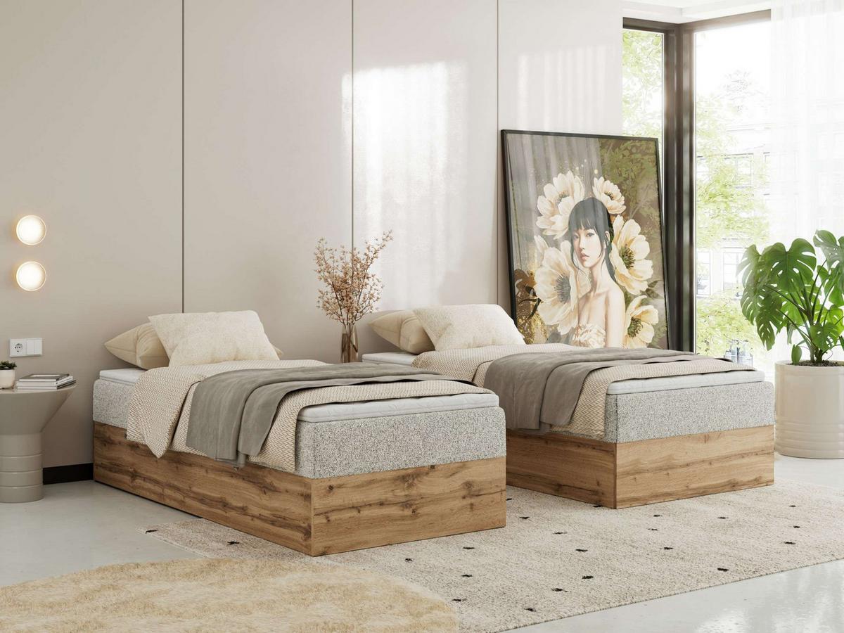 BOXBETT WOOD ZERO 90/200 - Hellgrau Struktur - H3 - Topper Visco - Hellgrau, Textil (90/200cm) - MKS