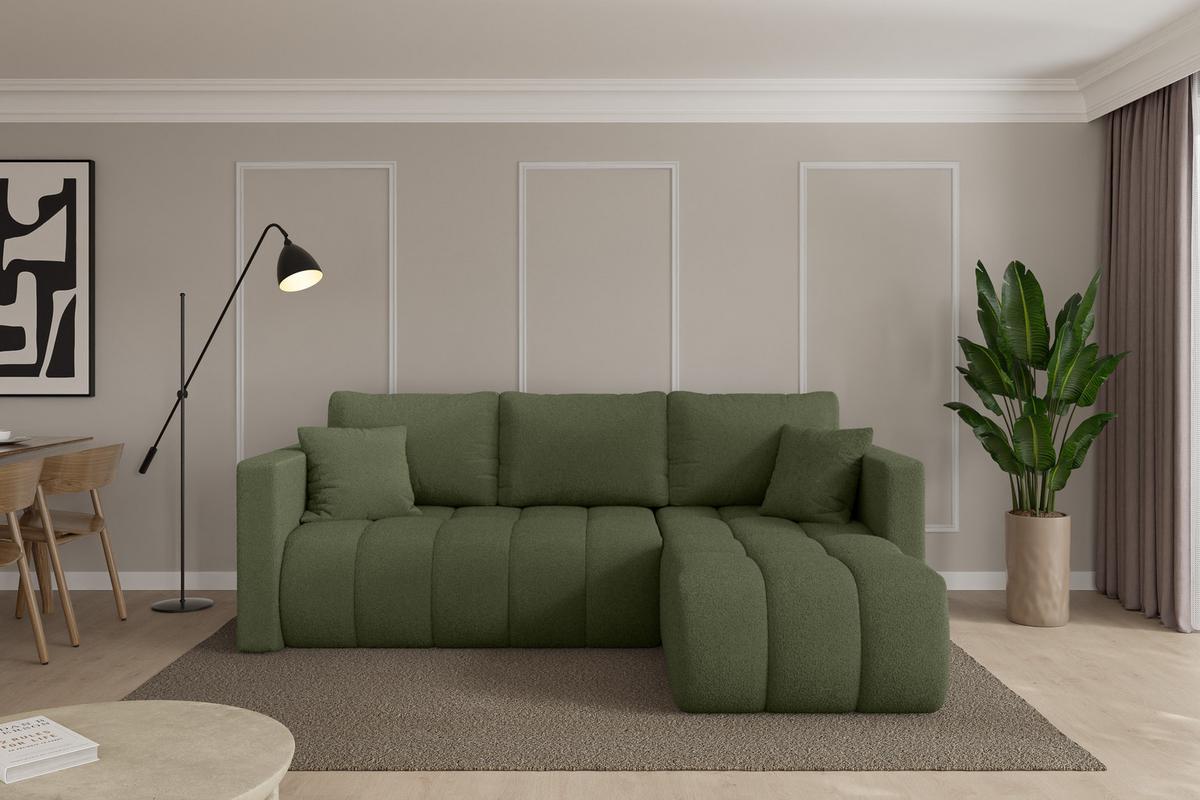 ECKSOFA mit Schlaffunktion Ottomane Rechts GARD-L 226x146x85 Grün Bouclé - Schwarz/Olivgrün, Holzwerkstoff/Kunststoff (226/146cm) - ALTDECOR