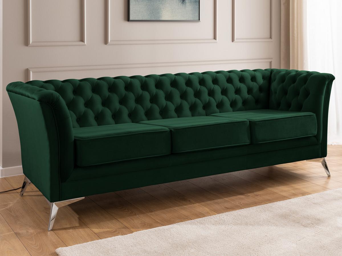 CHESTERFIELD-SOFA 3-sitzer Whitby Flaschengrün Samt mit silbernen Füßen - Dunkelgrün/Silberfarben, Holz/Textil (237/78/82cm) - S-Style Möbel