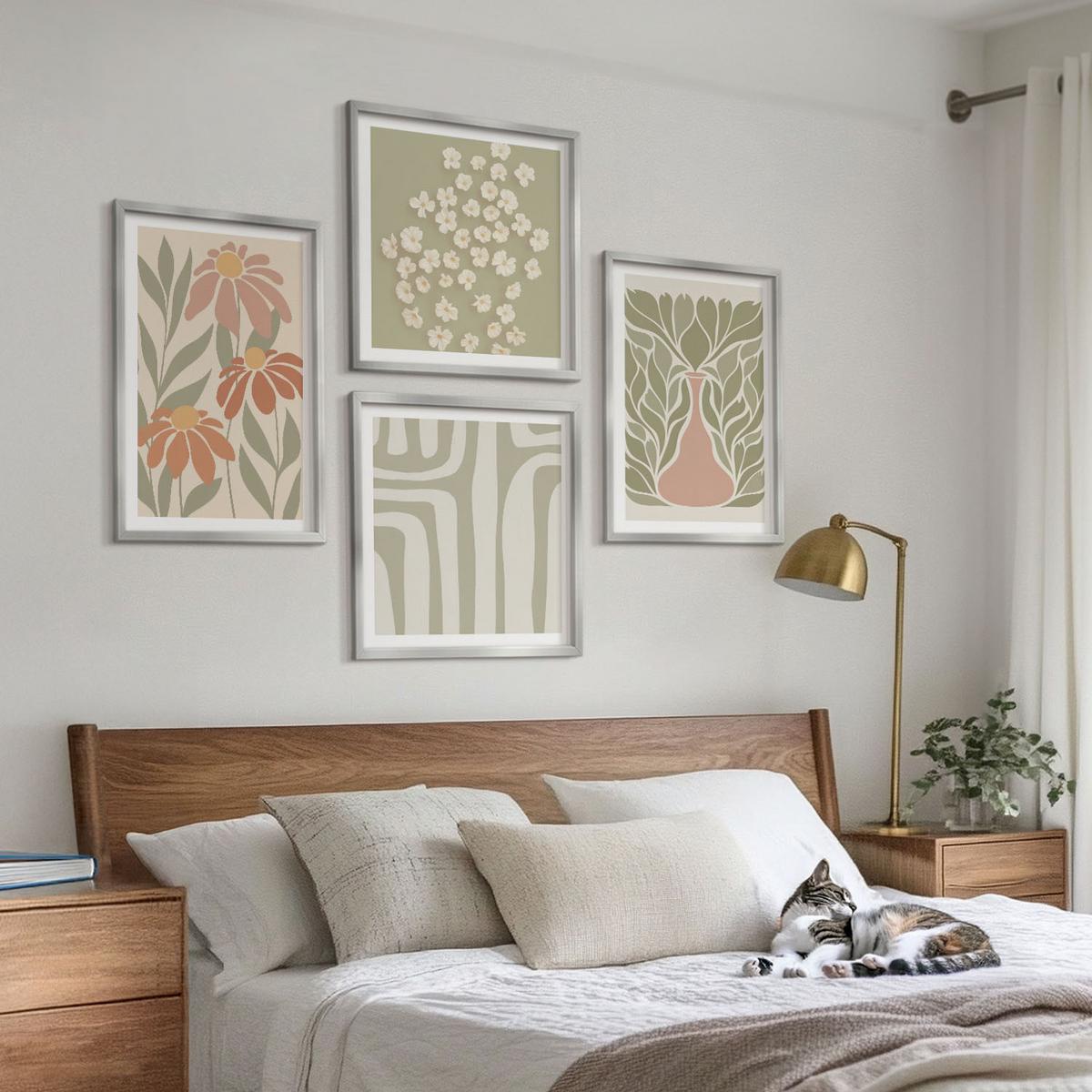 BILDER SET 4er Set - 50x50 cm & 40x60 cm Silberner Rahmen - Floraler minimalistischer Boho-Stil - Silberfarben, Kunststoff (50/50cm) - TULUP