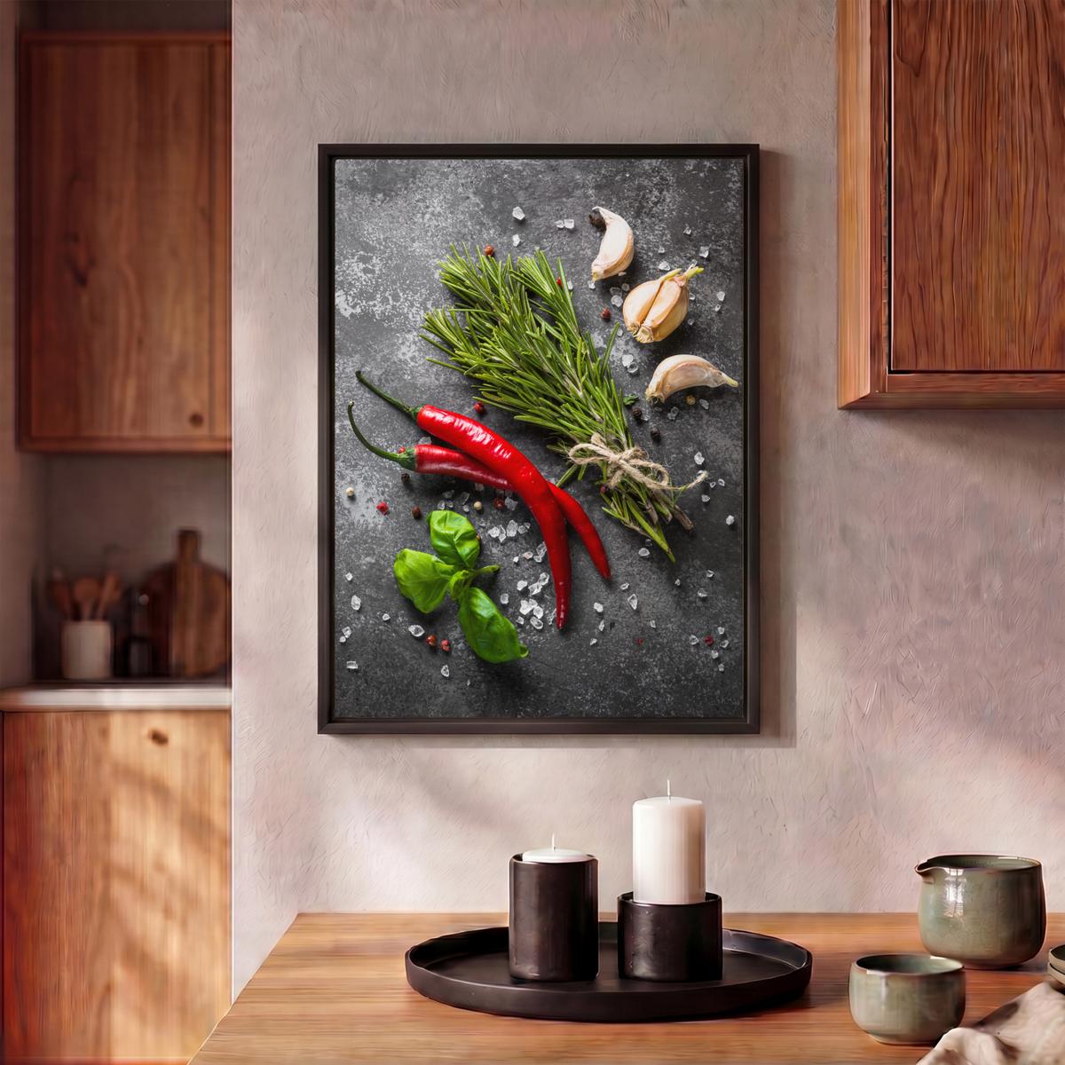 LEINWAND Bilder mit Rahmen - Pfeffer - Kräuter - Gewürze - Beton - 30x40 - Dunkelgrau, Textil (30/40cm) - MuchoWow