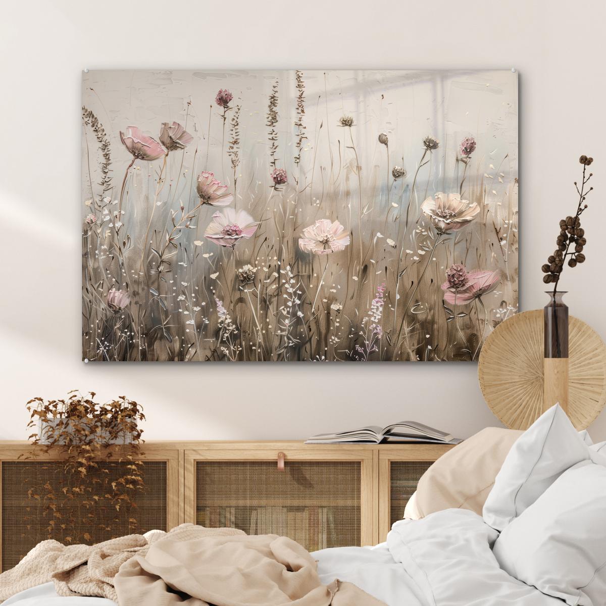 ACRYLGLASBILD Blumen - Rosa - Modern - Beige Room Decor 90x60 cm - Beige, Glas (90/60cm) - MuchoWow