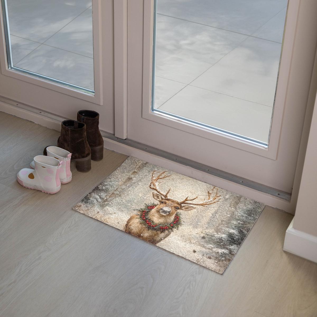 FUSSMATTE Weihnachten - Rentier - Winter - Kranz Flurteppich 60x40 cm - Braun, Kunststoff (60/0.4cm) - MuchoWow