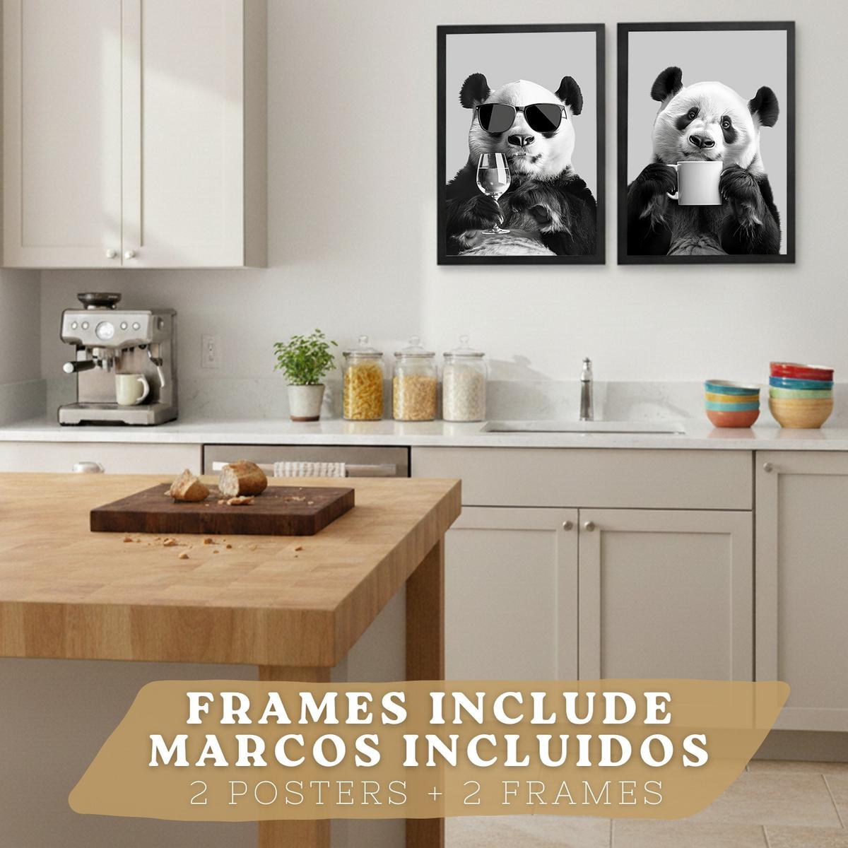 POSTER 2er Set Lustige Panda-Wandbilder Schwarz Weiß Tier Weinglas und Kaffeetasse Küche Wanddeko Rahmenlos A4 - Schwarz, Papier (29.7/1/21cm) - Nacnic
