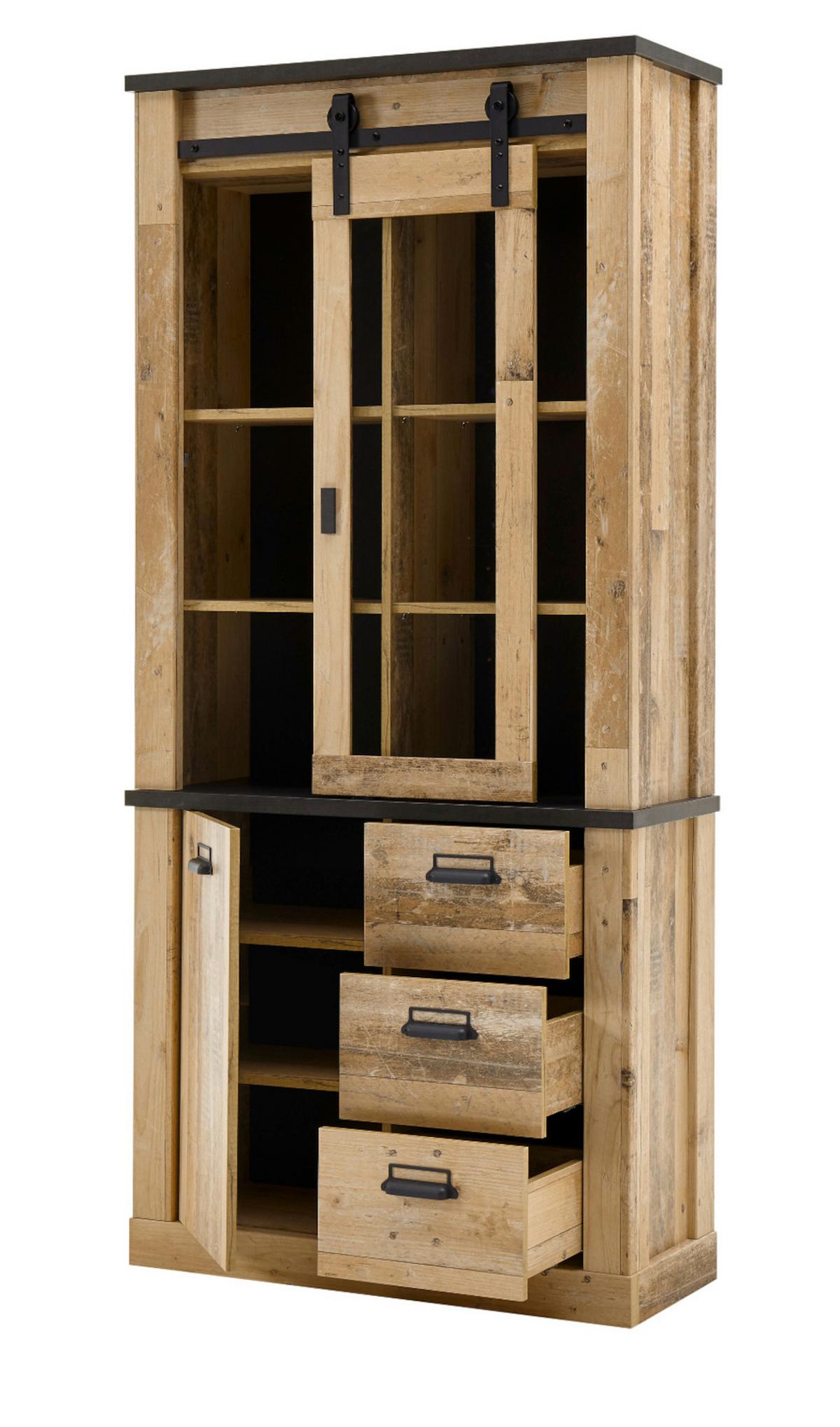 WOHNWAND Used Wood hell, anthrazit 4-teilig 388 cm, Schrankwand mit Soft-Close - Anthrazit/Schwarz, Glas/Holzwerkstoff (388/201/43cm) - Furn.Design