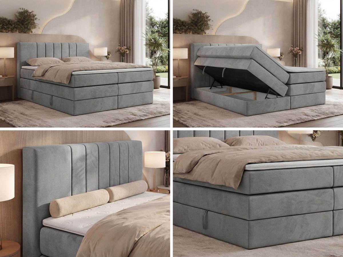 BOXSPRINGBETT INERO KING 140/200 - Hellgrau Velvet - Topper T25 - H3 - Hellgrau/Schwarz, Kunststoff/Textil (140/200cm) - MKS