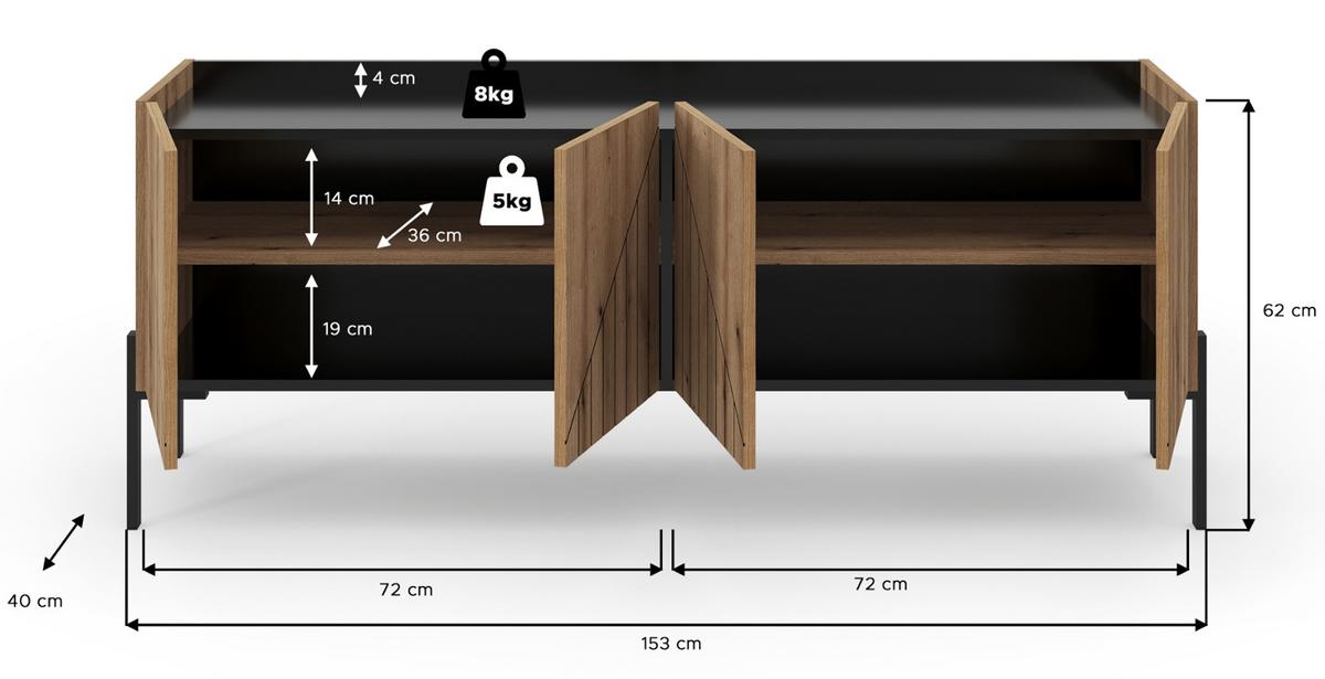 TV-LOWBOARD Evoke Eiche, TV Unterteil 153 cm, mit Soft-Close und Komforthöhe 62 cm - Eichefarben/Schwarz, Holzwerkstoff/Metall (153/62/40cm) - Inn.Furn