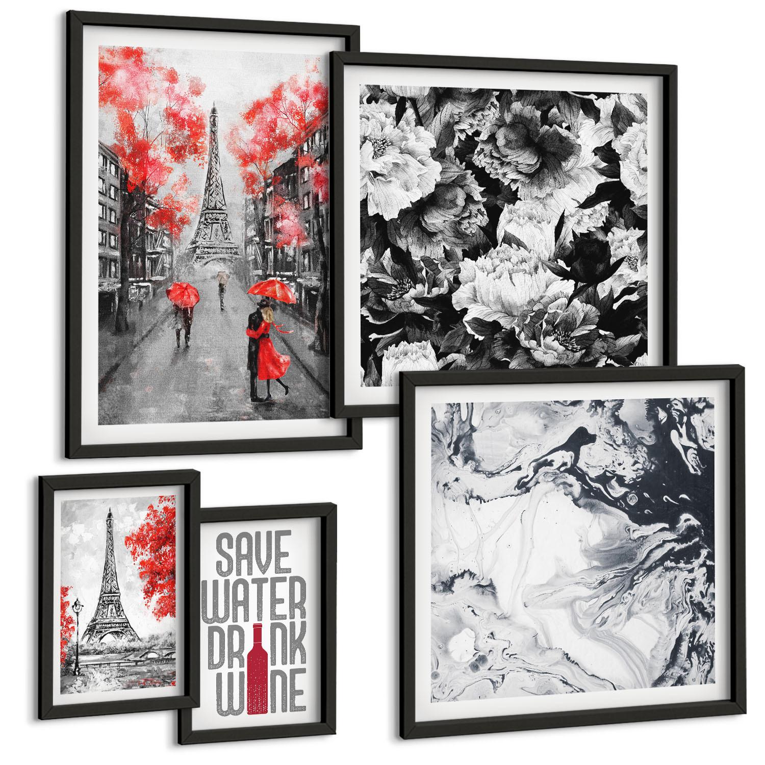 BILDER SET 5er Set - 50x50 cm & 20x30 cm & 40x60 cm Schwarzer Rahmen - graue Gemälde des Eiffelturms - Schwarz, Kunststoff (40/60cm) - TULUP