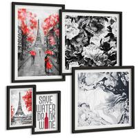 BILDER SET 5er Set - 50x50 cm & 20x30 cm & 40x60 cm Schwarzer Rahmen - graue Gemälde des Eiffelturms - Schwarz, Kunststoff (40/60cm) - TULUP