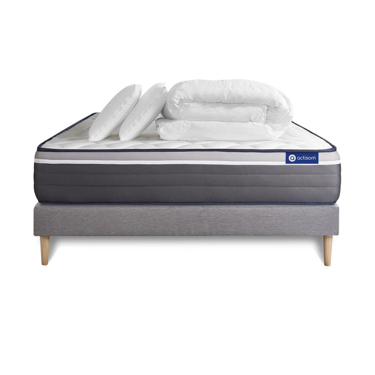 BETT Actilatex plus Latex und Memory-Schaum 160 x 200 cm h4 - Kit Bettgestell Grau - Mit Kissen und Bettdecke - Beige/Grau, Karton/Holz (160/200cm) - ACTISOM