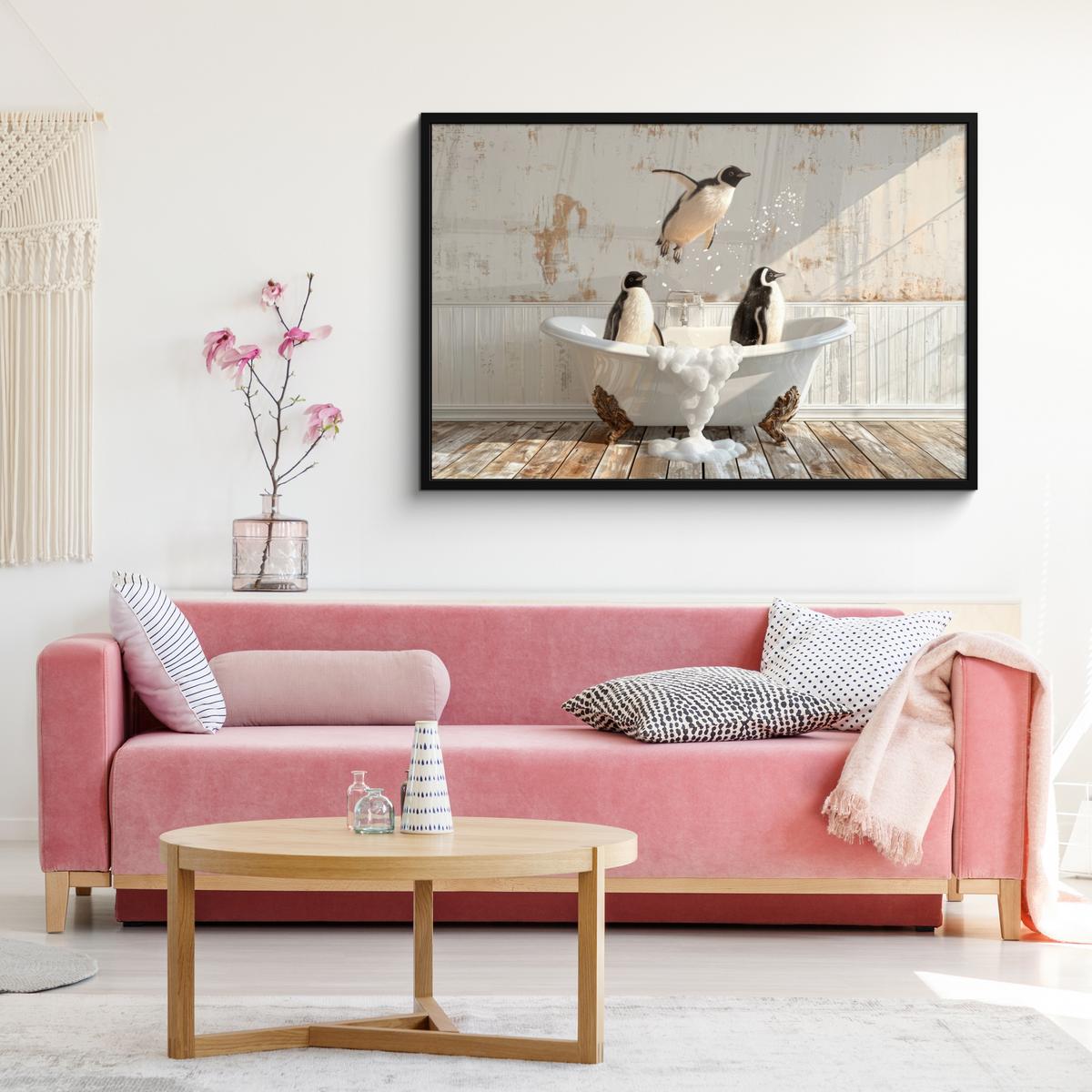 POSTER MIT RAHMENGERAHMTES BILD Vintage - Pinguin - Badewanne - Schaumstoff 120x80 cm - Schwarz, Papier (120/80cm) - MuchoWow