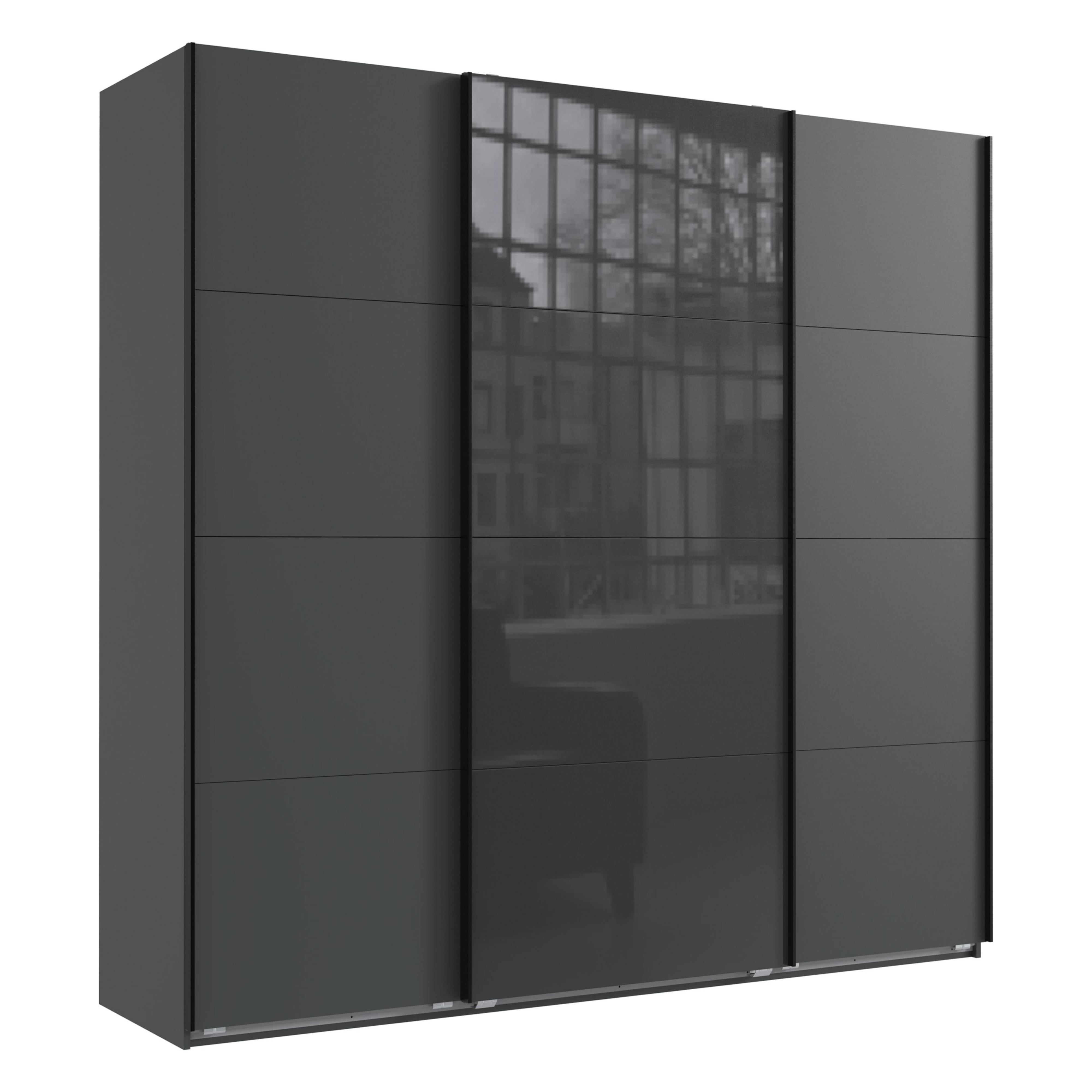 SCHWEBETÜRENSCHRANK 3-türig B225/H236/T64 cm extrahoch in Grafit, Kleiderschrank mit einer Glasfront-Tür in Grau / 22544 - Goldfarben/Graphitfarben, Holzwerkstoff/Metall (225/236/64cm) - luma-home