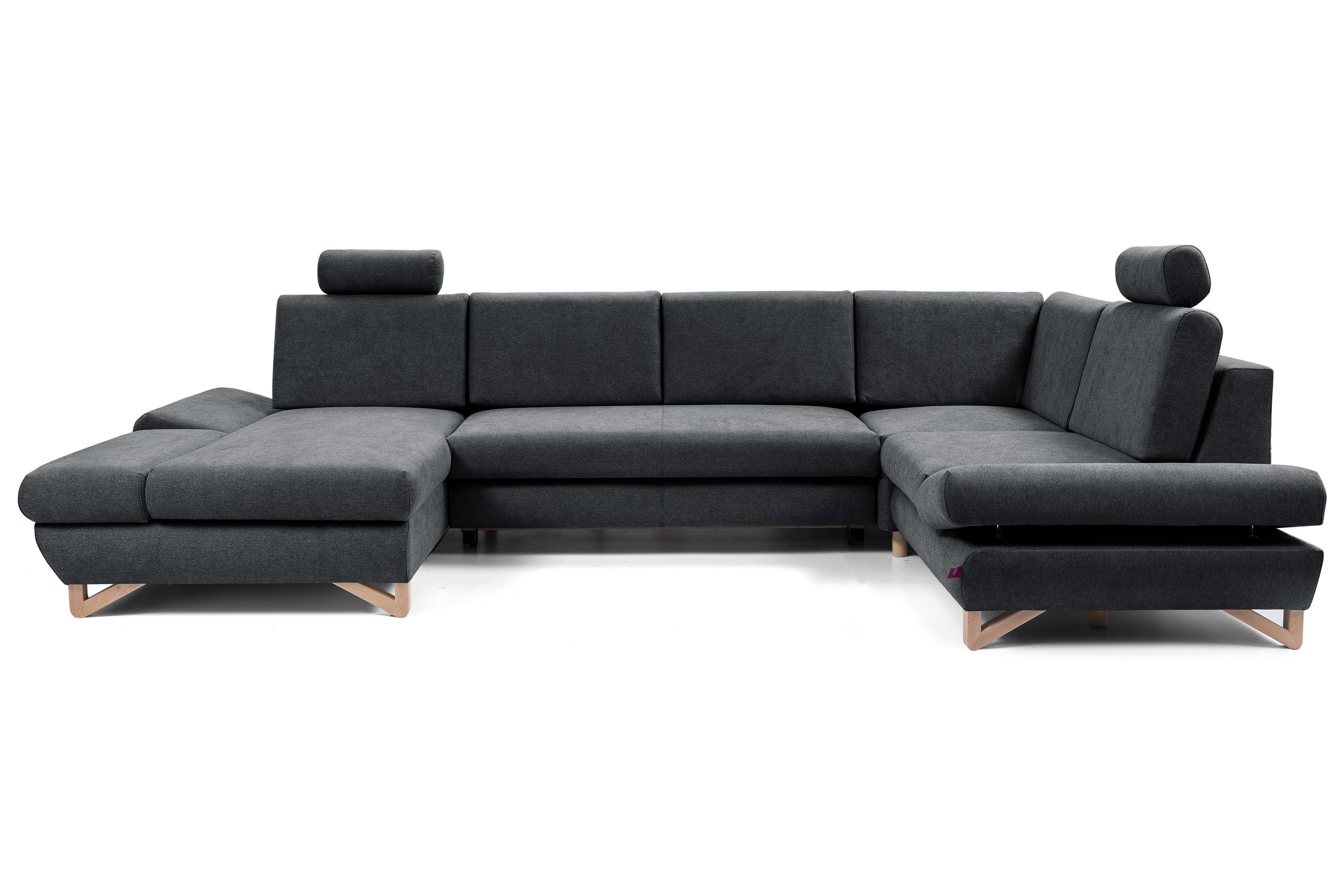 WOHNLANDSCHAFT CASA IV R-S Anthrazit Plüsch-Stoff mit Schlaffunktion - Anthrazit, Holz (344/100/199cm) - MASSENO