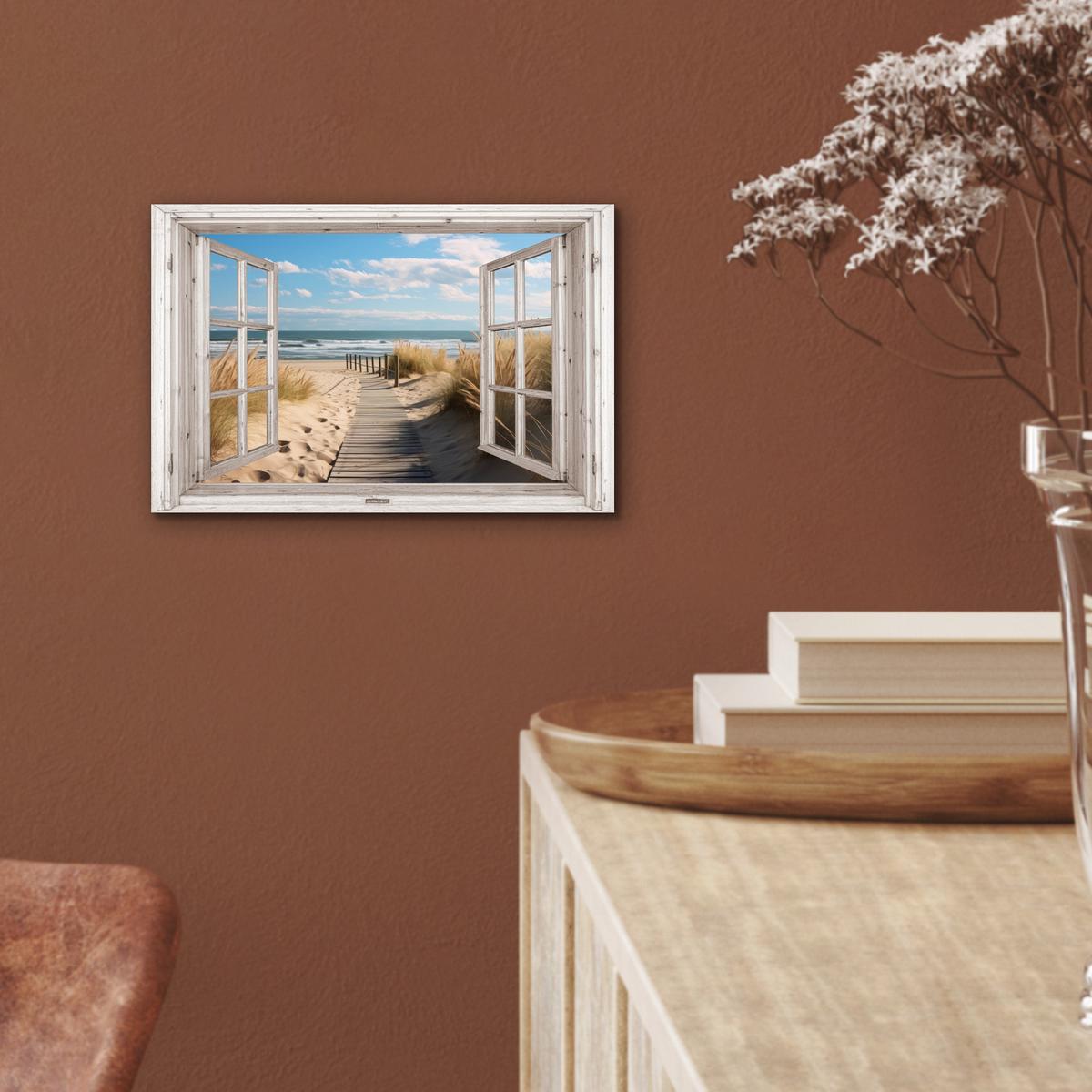 METALLBILD Fenster - Meer - Küste - Natur - Ausblick - Strand - Wattenmeer 30x20 cm - Beige, Metall (30/20cm) - MuchoWow