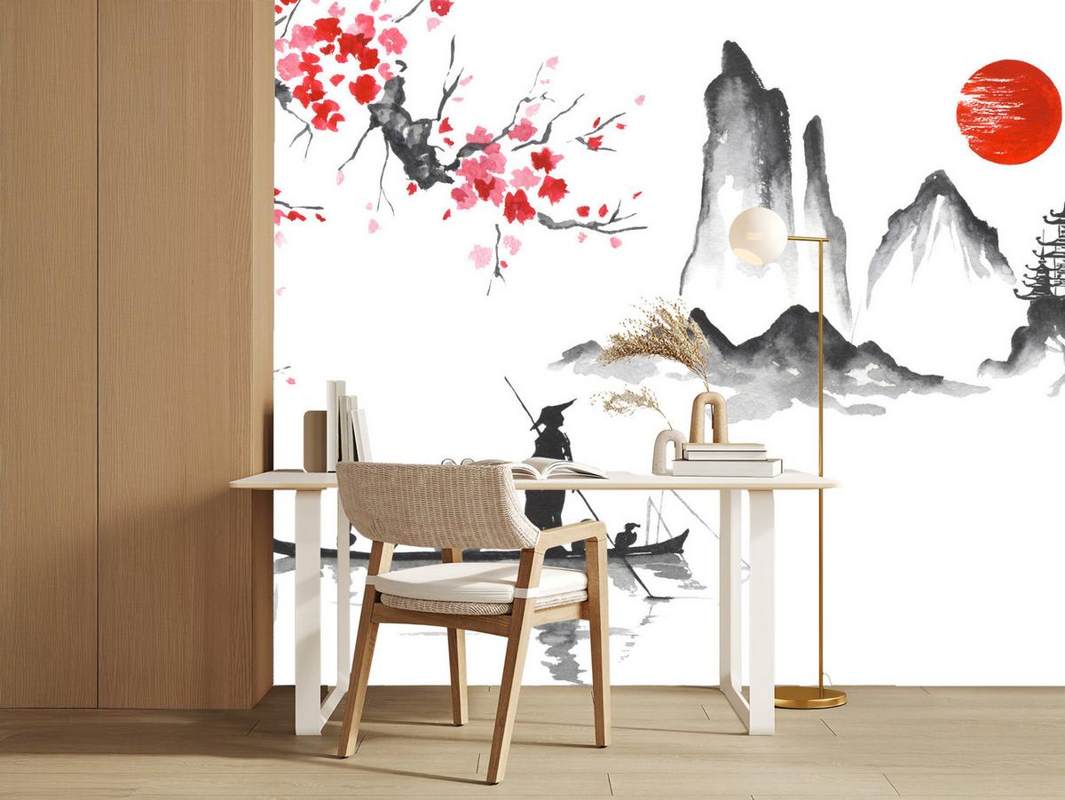 FOTOTAPETE Japanische Landschaft Aquarell 200x140 - Rot/Schwarz, Papier (200/140cm) - Muralo