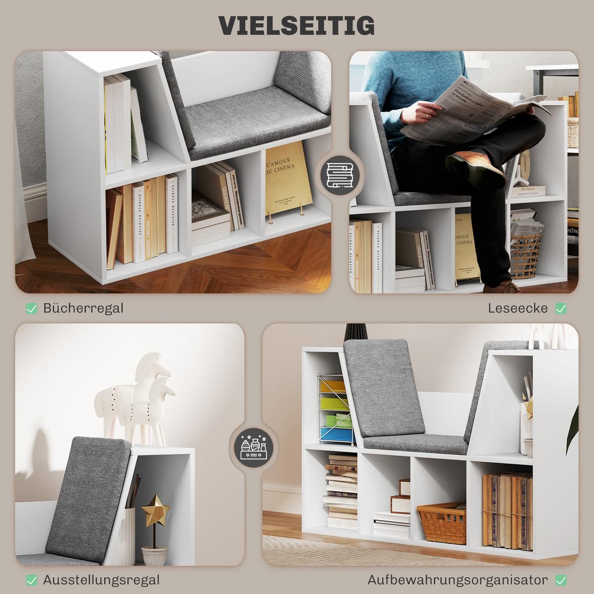 BÜCHERREGAL mit Sitzkissen, Aufbewahrungsregal mit 6 Fächern, Leinenoptik, Weiß - Weiß/Grau, Holzwerkstoff/Textil (105/63/30cm) - HOMCOM