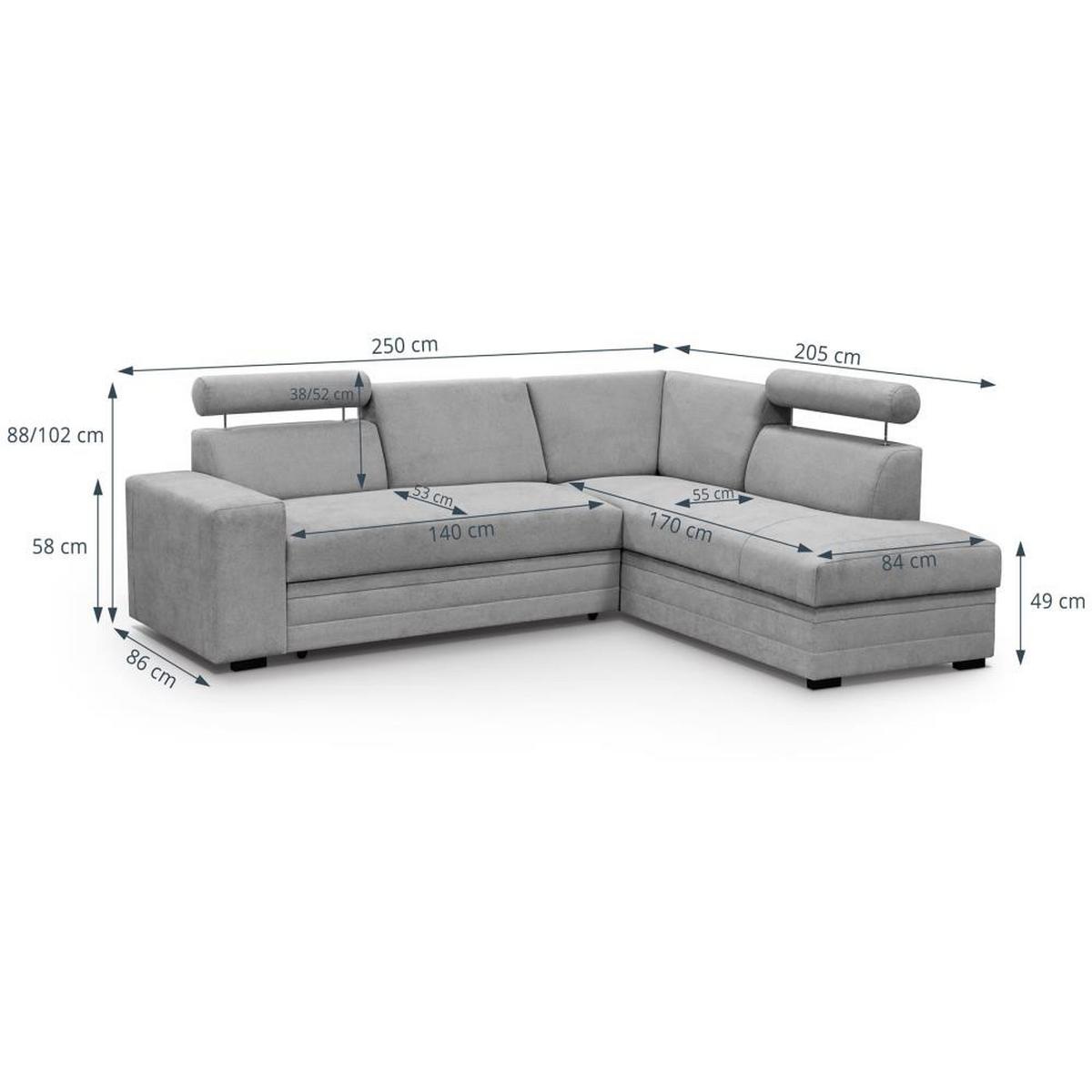 ECKSCHLAFSOFA Roma hellgrau links - Hellgrau/Schwarz, Textil (250/205cm) - Beautysofa