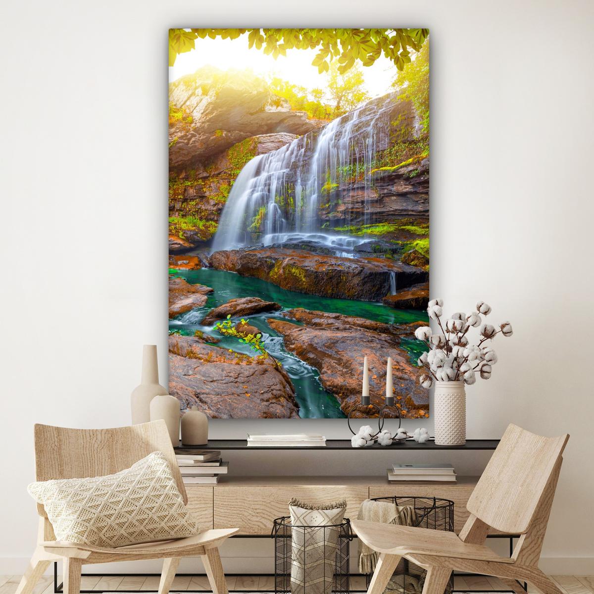 LEINWANDBILD Natur - Wasserfall - Pflanzen - Bäume - Sonne Deko Groß 90x140 cm - Olivgrün, Textil (90/140cm) - MuchoWow