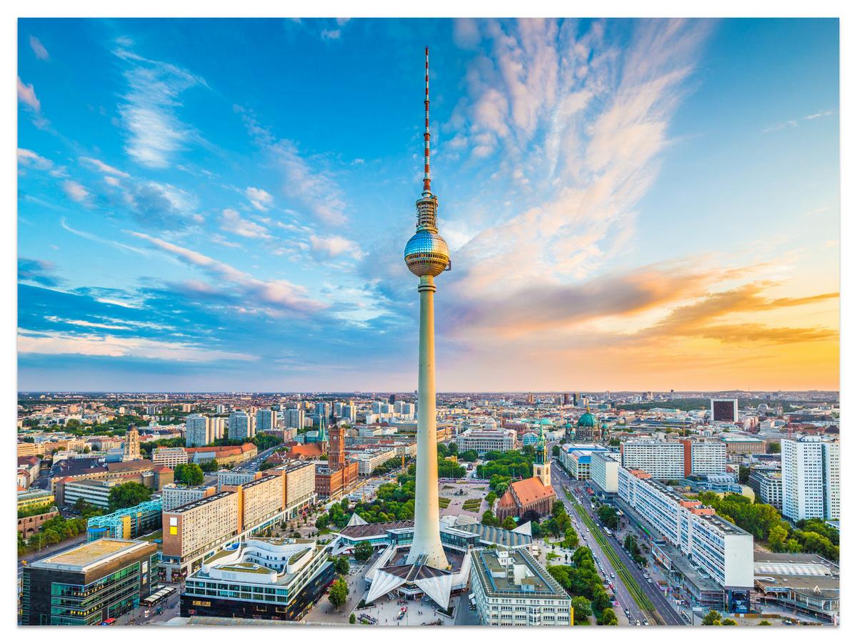 FOTOTAPETE für Wohnzimmer Fernsehturm Berlin Stadt Wolkenkratzer 150x105 - Beige/Orange, Papier (150/105cm) - Muralo