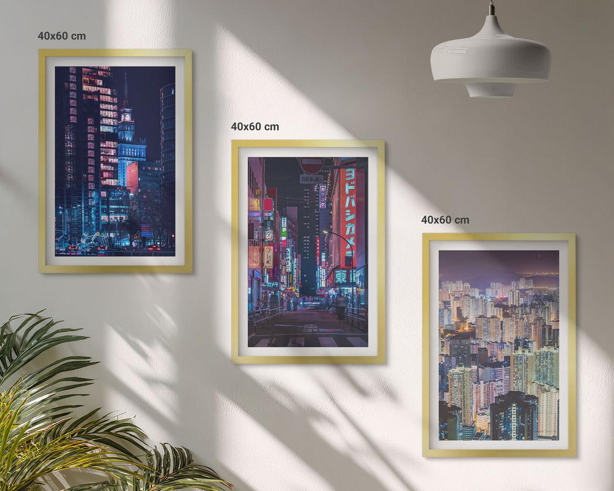 BILDER SET 3er Set - 40x60 cm Goldrahmen - Neonlichter der nächtlichen Stadt - Goldfarben, Kunststoff (40/60cm) - TULUP