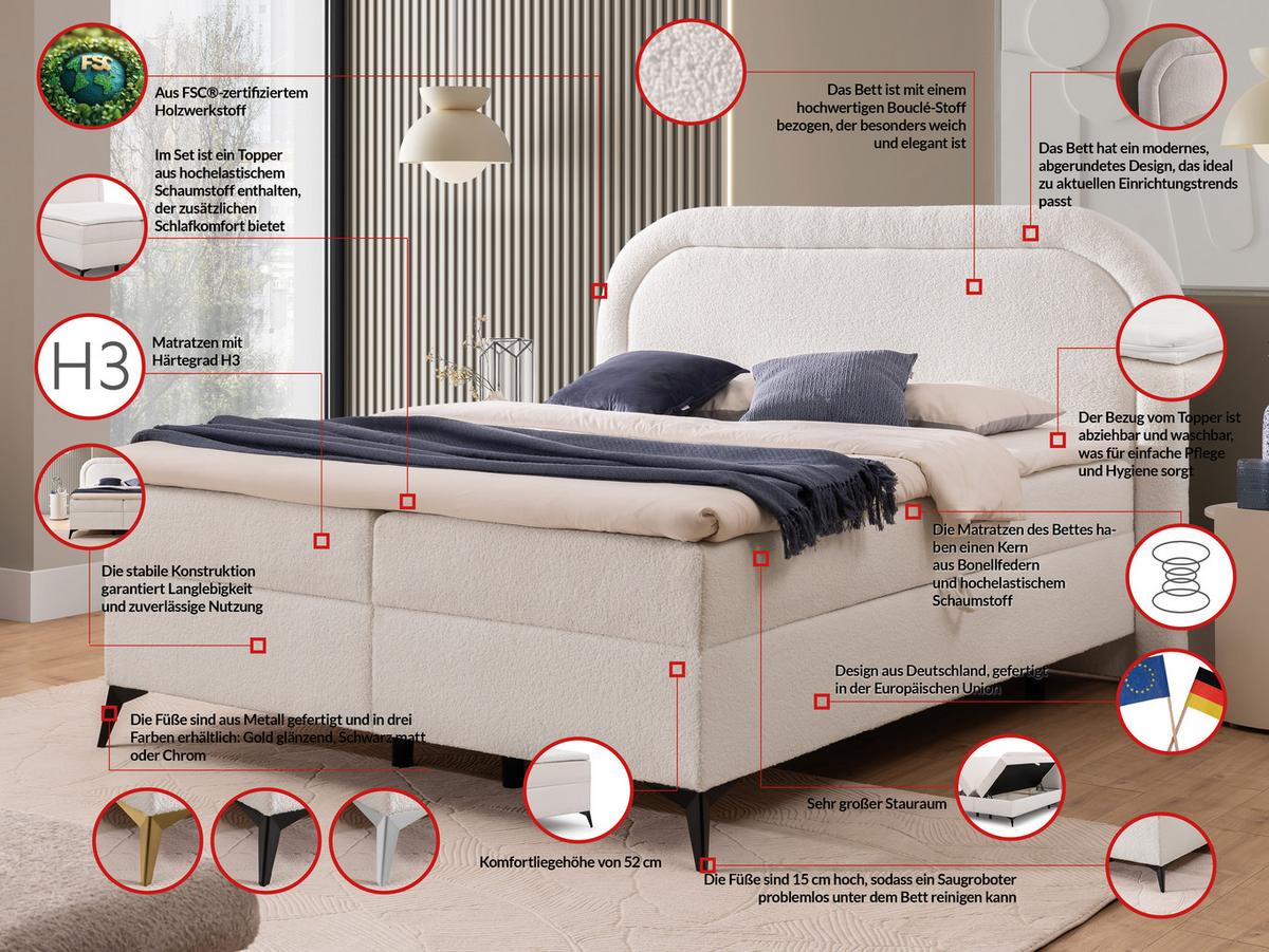BOXBETT Sonna 180/200 cm Weiß Bouclé-Stoff mit abgerundetem Kopfteil und mit schwarzen Metallfüßen - Schwarz/Weiß, Holz/Textil (180/200cm) - S-Style Möbel