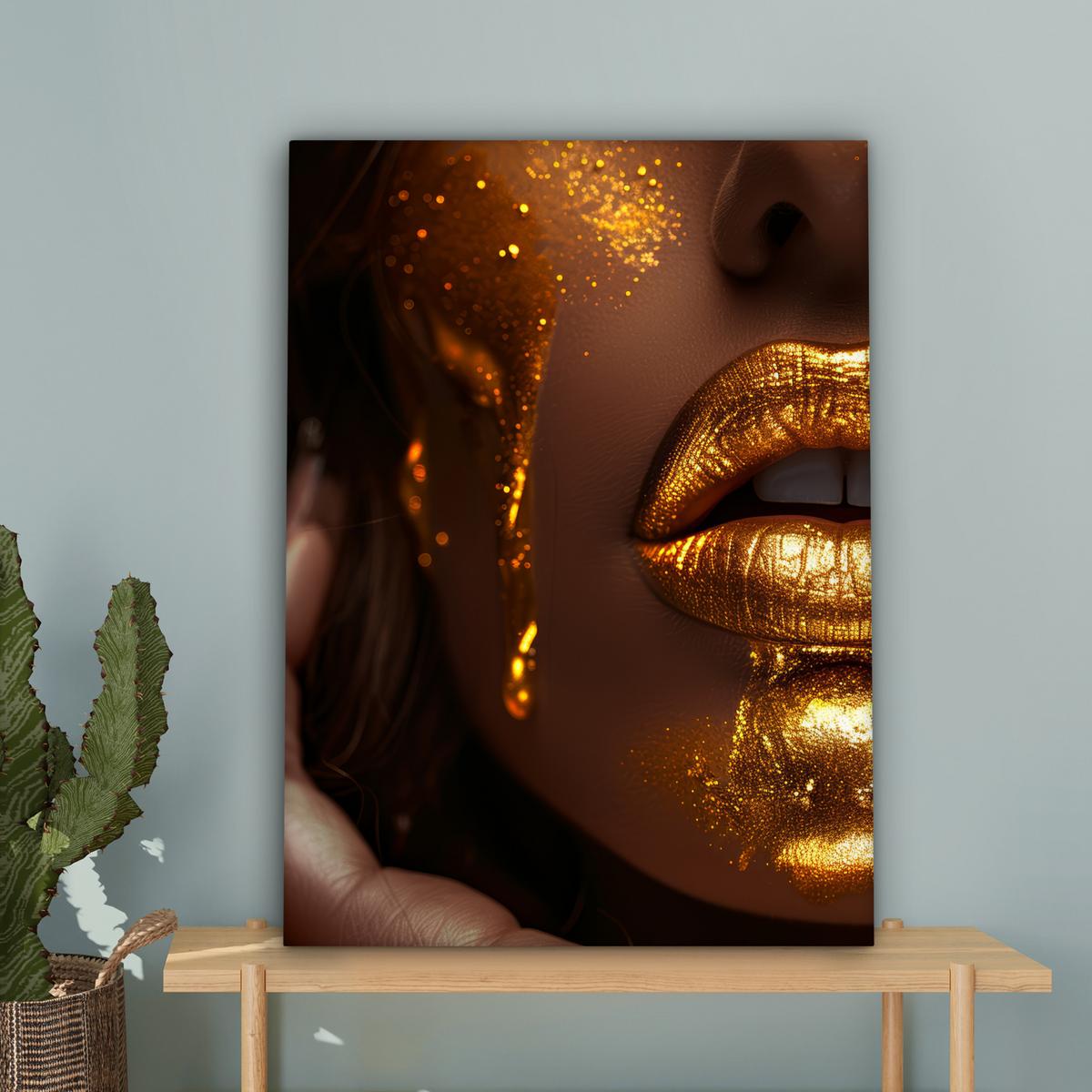 LEINWANDBILD Frau - Gold - Luxus - Porträt Wandbild Wohnzimmer 60x80 cm - Goldfarben, Textil (60/80cm) - MuchoWow