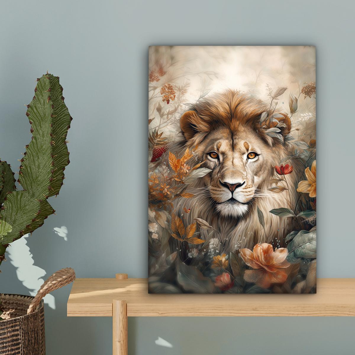 LEINWANDBILD Löwe - Wildtiere - Pflanzen - Natur - Blumen Deko Wohnzimmer 20x30 cm - Beige, Textil (20/30cm) - MuchoWow