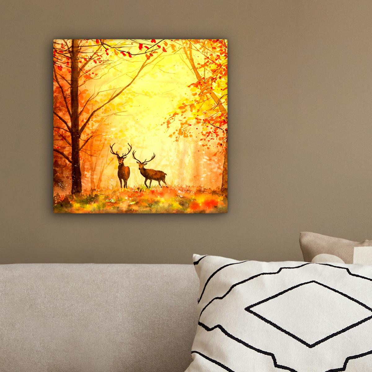 LEINWANDBILD Natur - Ölfarbe - Hirsche - Tiere - Herbst - Orange Deko Wohnzimmer 20x20 cm - Orange, Textil (20/20cm) - MuchoWow