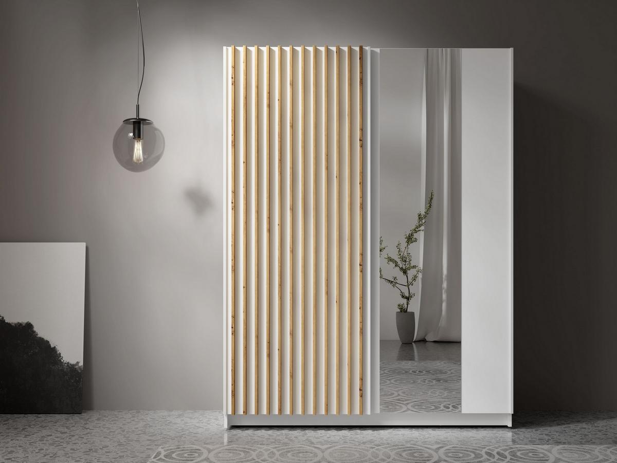 SCHWEBETÜRENSCHRANK MAREN 150,6/198,5/55cm 2-türig mit Spiegel Weiß - Eiche Artisan/Weiß, Holzwerkstoff (150.6/198.5/55cm) - MASSENO