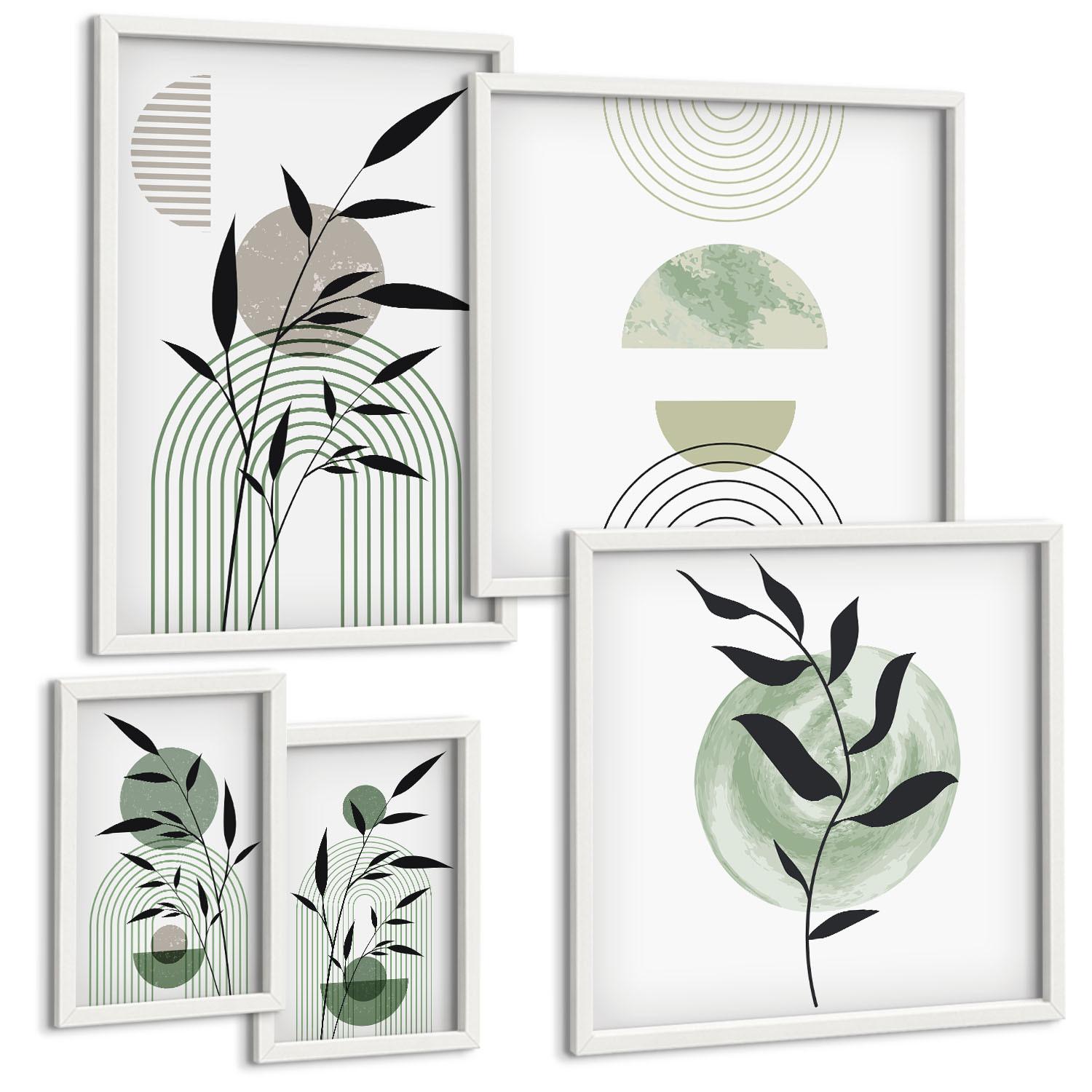 BILDER SET 5er Set - 50x50 cm & 20x30 cm & 40x60 cm Weißer Rahmen - Boho-Pflanzenkompositionen - Weiß, Kunststoff (40/60cm) - TULUP