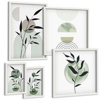 BILDER SET 5er Set - 50x50 cm & 20x30 cm & 40x60 cm Weißer Rahmen - Boho-Pflanzenkompositionen - Weiß, Kunststoff (40/60cm) - TULUP