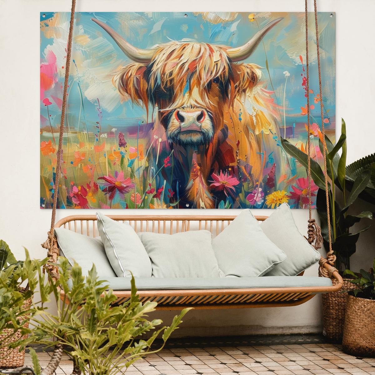 GARTENPOSTER Schottische Hochländer - Natur - Farbenfroh - Blumen Poster für draußen 180x120 cm - Hellblau, Kunststoff (180/120/0.2cm) - OnlyWow
