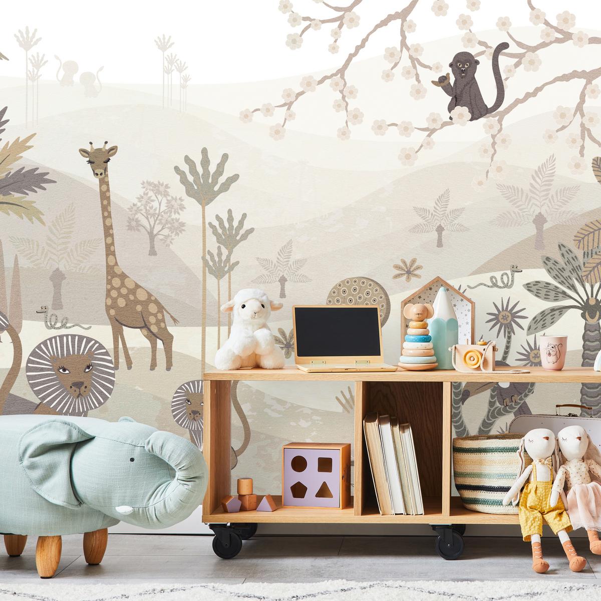 FOTOTAPETE für Kinderzimmer Safari Wilde Tiere Dschungel Boho Palmen Giraffe 400x280 - Beige/Creme, Papier (400/280cm) - Muralo
