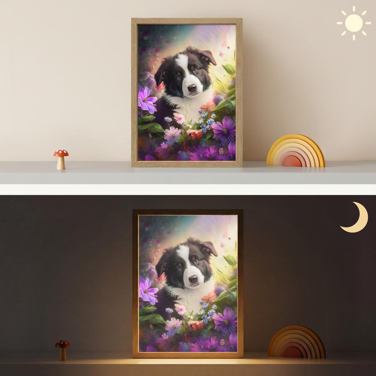 WANDLEUCHTE MIT AKKU Welpe - Sonne - Blumen - Natur - Border Collie - Hund 30x40 cm - Violett, Holzwerkstoff (30/40/8cm) - OnlyWow