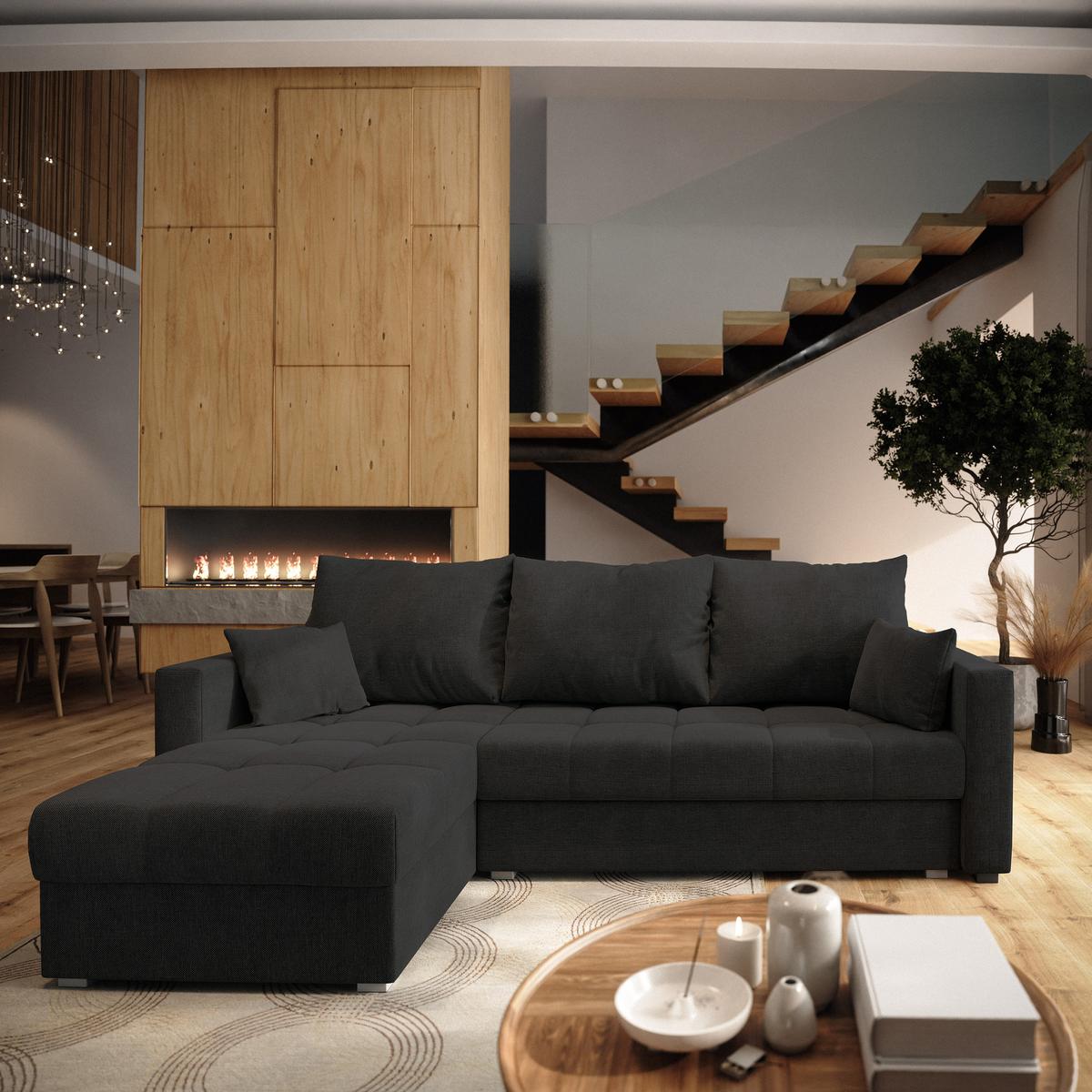 ECKSOFA NIDA Schwarz Geflochtener Stoff mit Schlaffunktion - Schwarz, Holz (220/143cm) - MASSENO